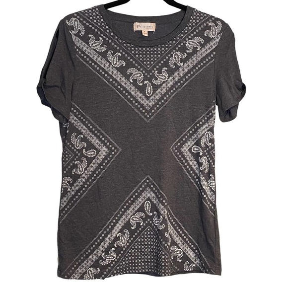 Philosophy S GRAY Bandana Mazzy Print Split short Sleeve Tee - Picture 1 of 5